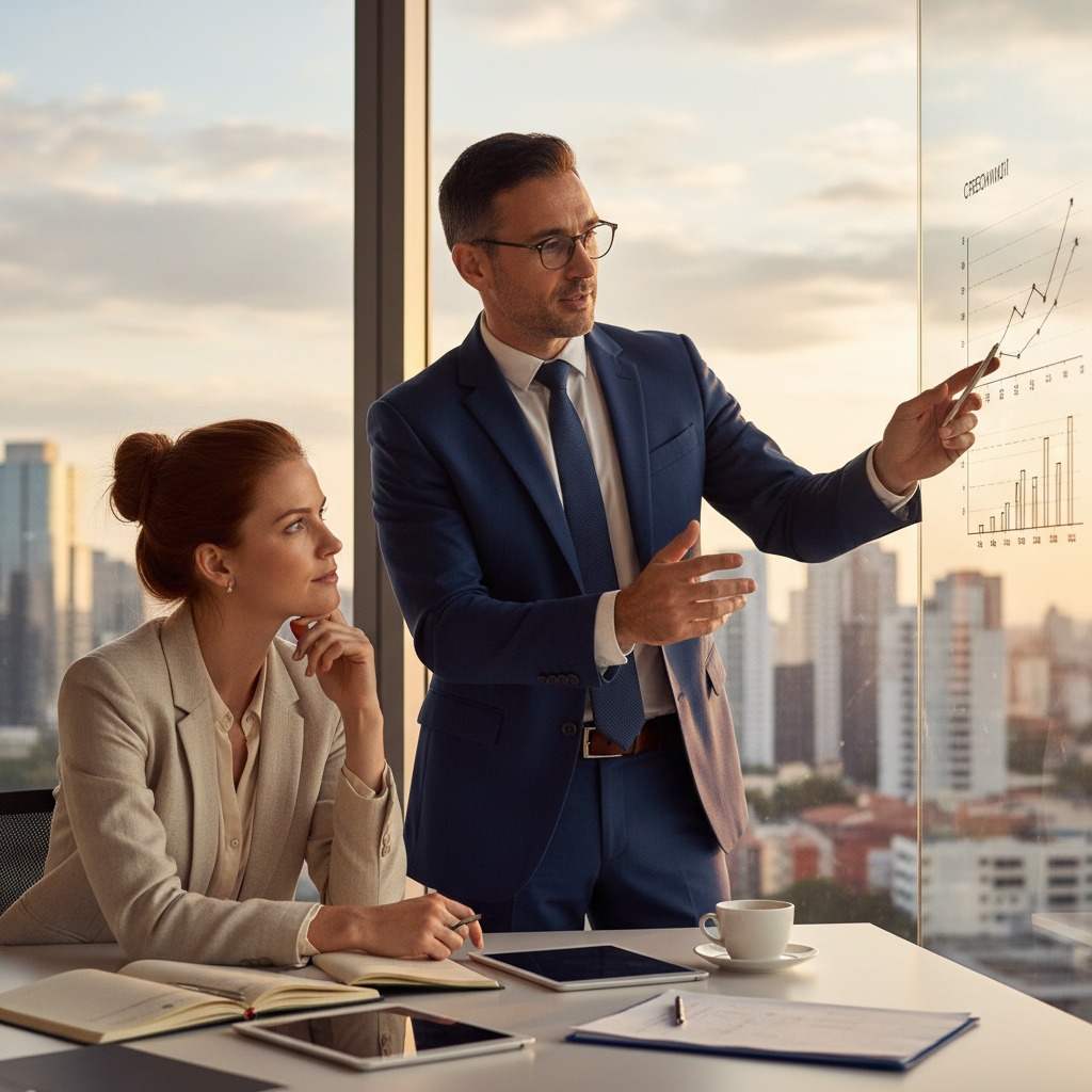 Uma imagem que mostre dois profissionais, um com perfil de consultor e outro com perfil de dono de negócio próprio vislumbrndo o futuro. Algo mais realista, nao com aspecto futurista e sim com aspecto de cotidiano
